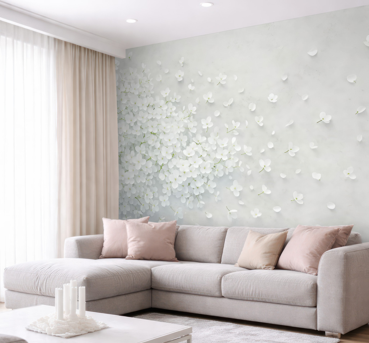 Fototapeta Białe kwiaty unoszące się na szarym tle.