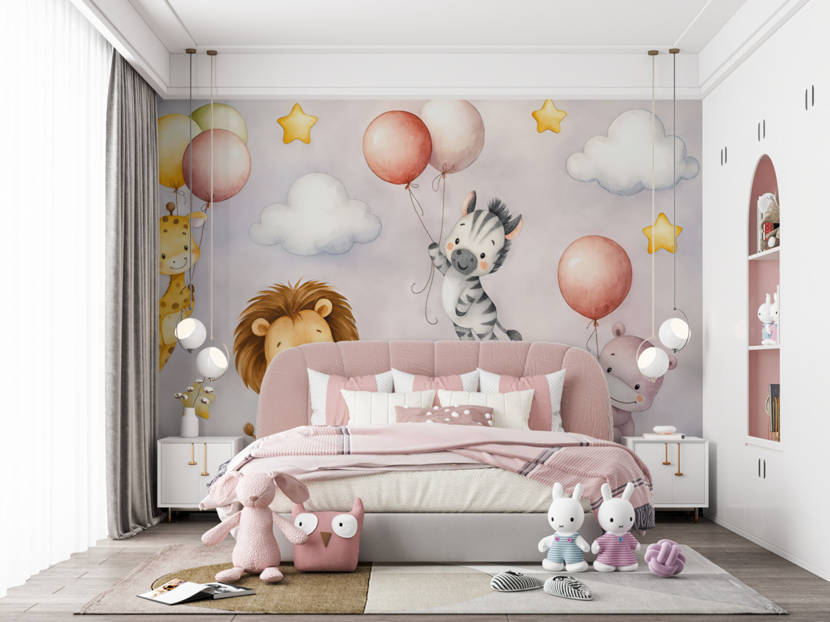 Fototapeta zwierzęta unoszące się na nadmuchiwanych balonach