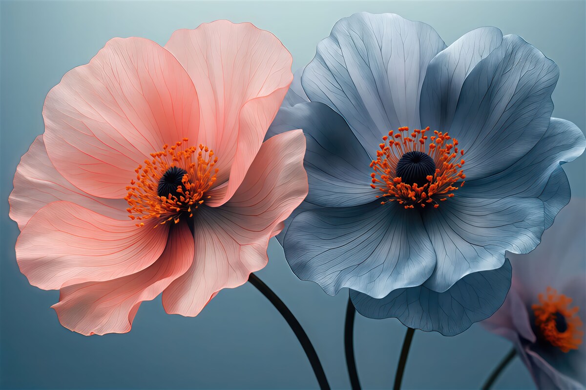 Fototapeta Dwie wielkie magnolie, odcień niebieski, kwiaty.