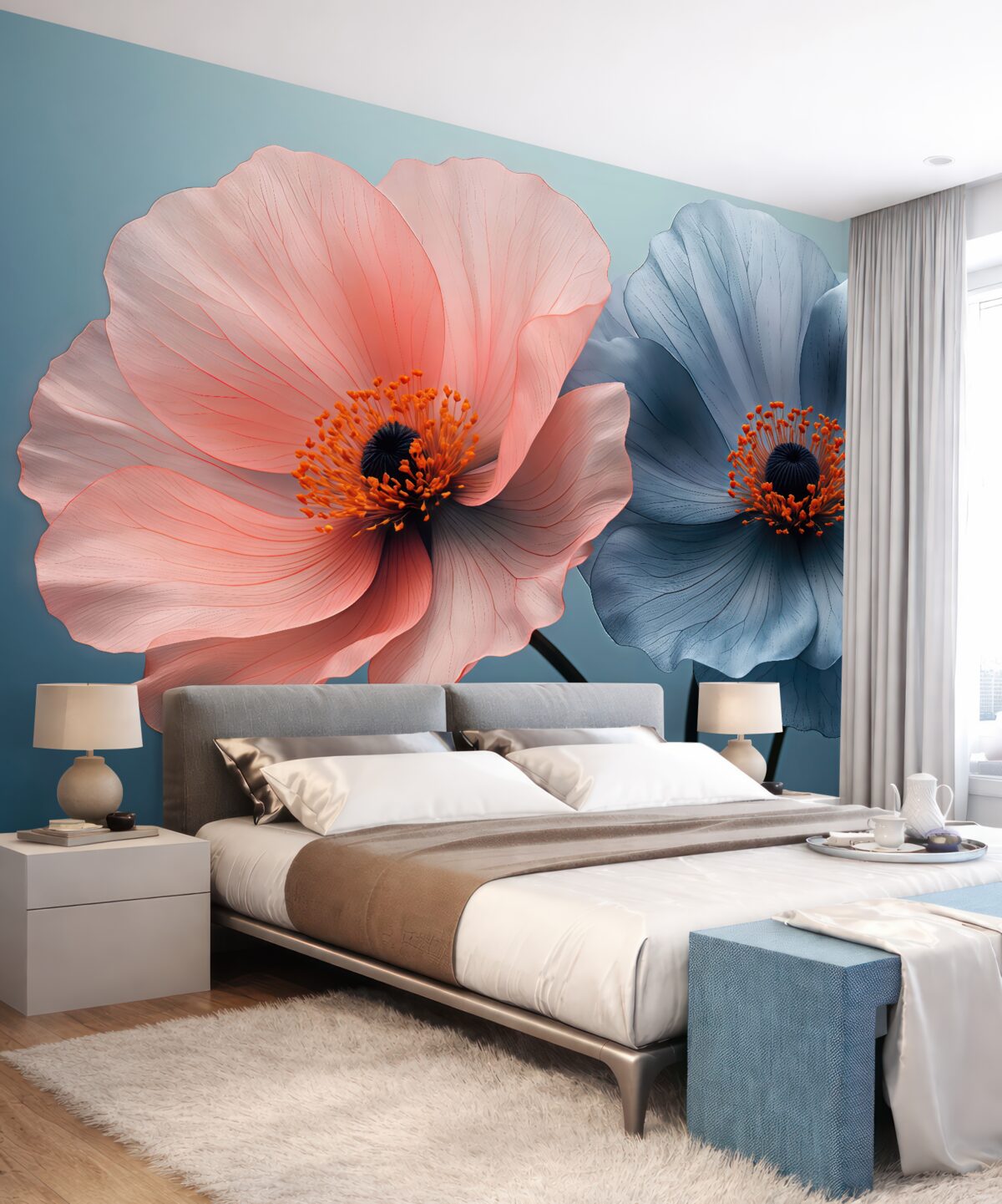 Fototapeta Dwie wielkie magnolie, odcień niebieski, kwiaty.