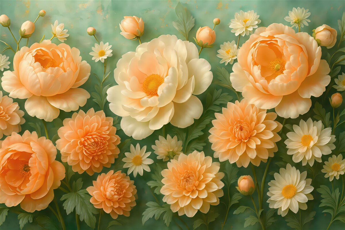 Fototapeta Delikatna aranżacja z piwonii i chryzantem na szmaragdowym tle.