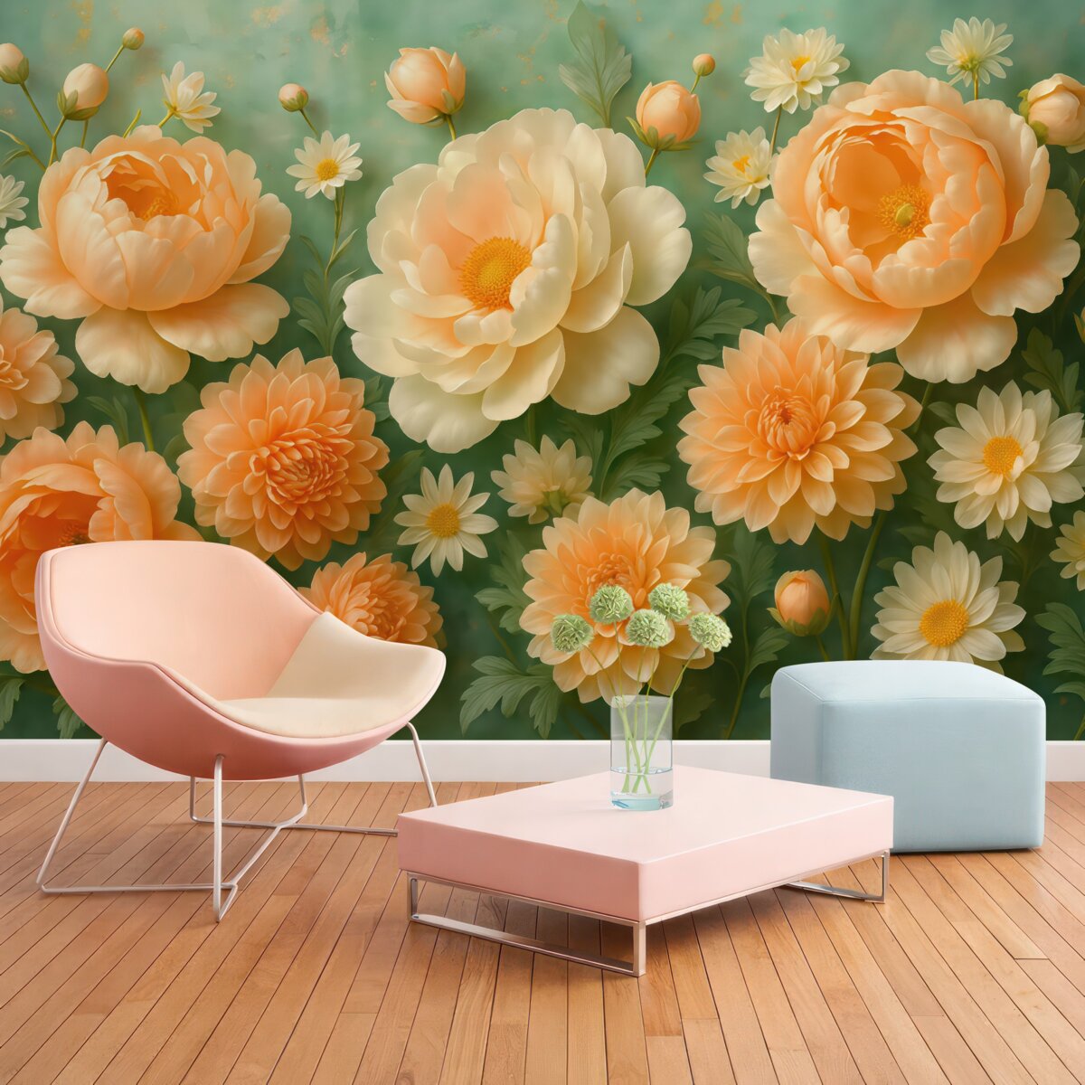 Fototapeta Delikatna aranżacja z piwonii i chryzantem na szmaragdowym tle.