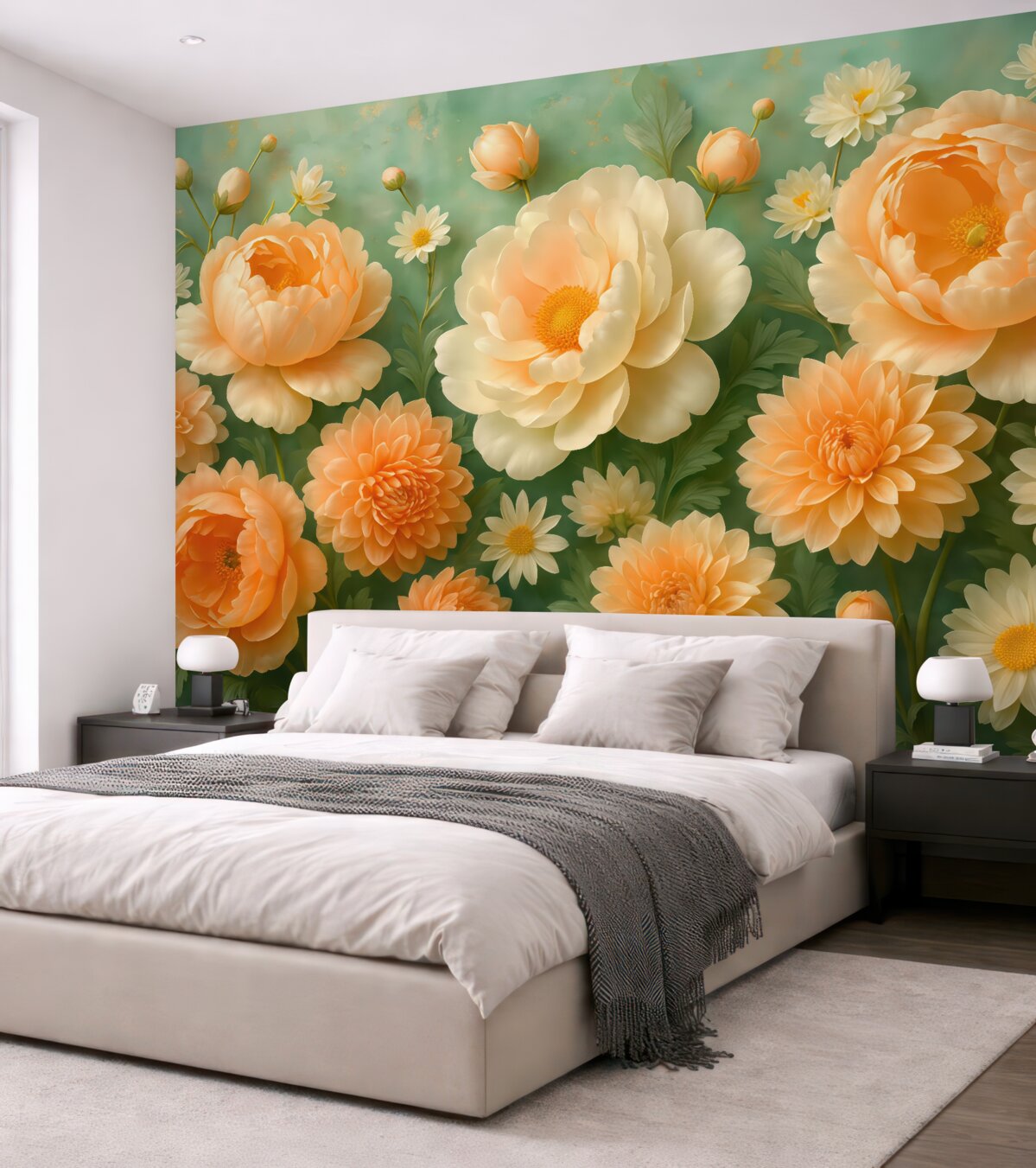 Fototapeta Delikatna aranżacja z piwonii i chryzantem na szmaragdowym tle.