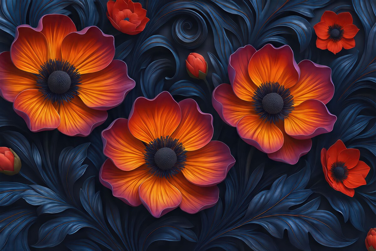 Fototapeta Grafika 3D abstrakcyjnych, jasnych roślin w stylu barokowym.