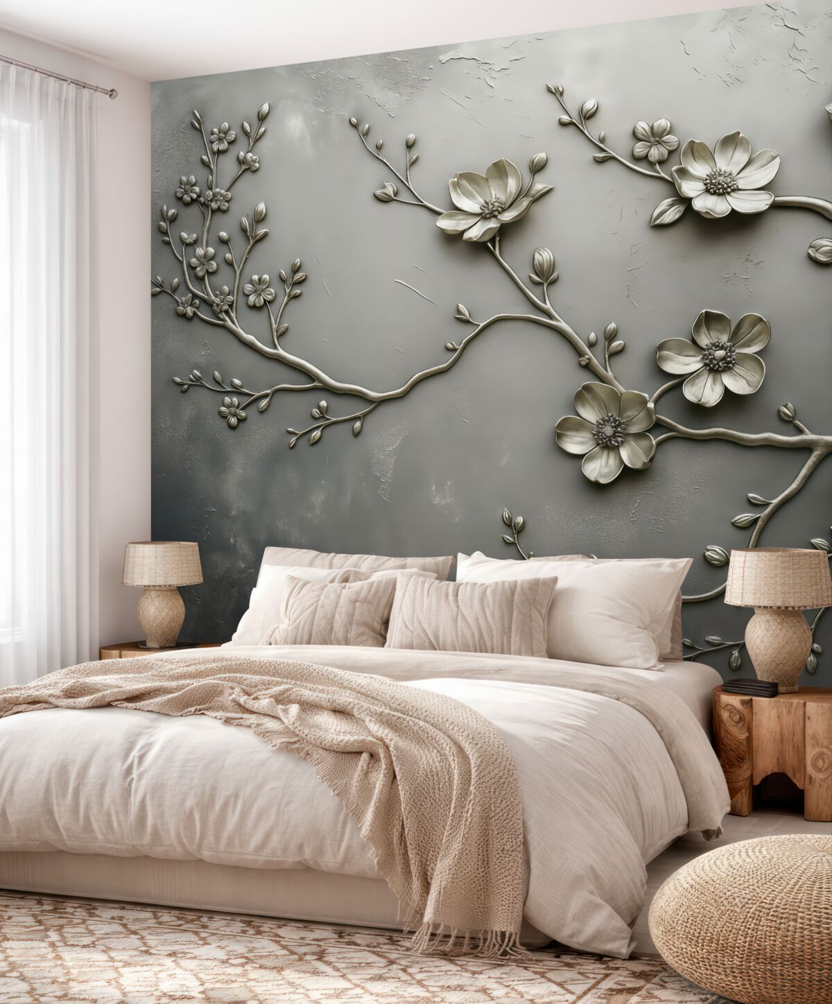 Fototapeta Na powierzchni znajduje się imitacja szarego metalu z wypukłościami w postaci kwiatów i roślin.