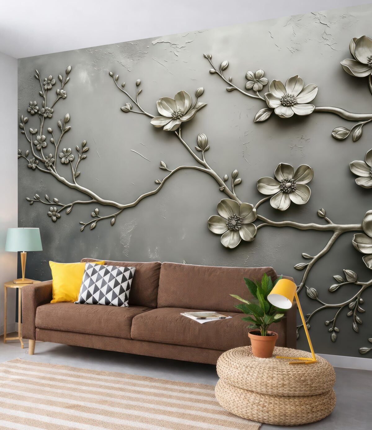 Fototapeta Na powierzchni znajduje się imitacja szarego metalu z wypukłościami w postaci kwiatów i roślin.