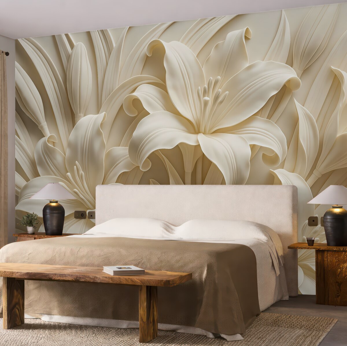 Fototapeta Stylowa beżowa płaskorzeźba 3D ukazująca rzeźbione lilie.