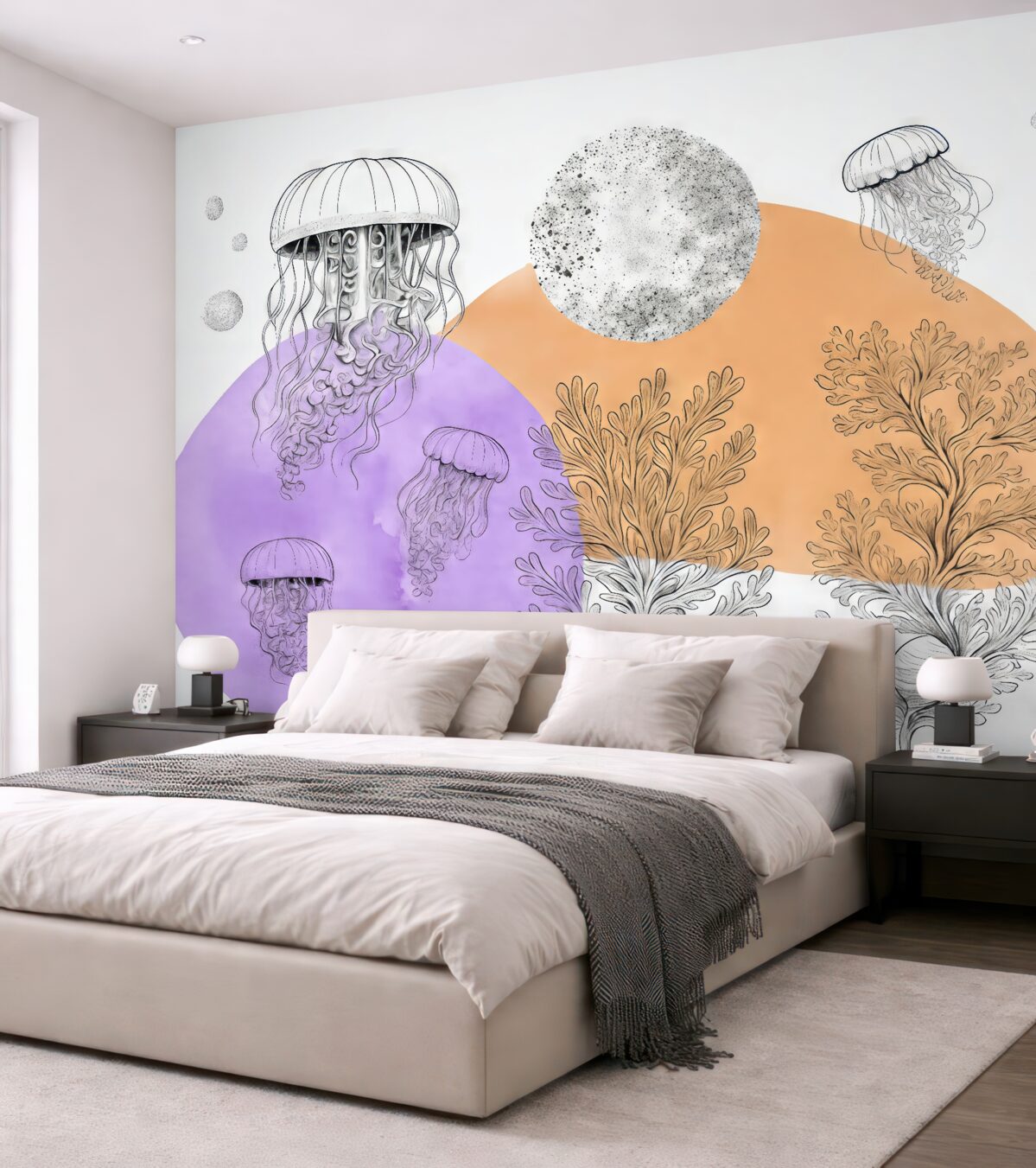 Fototapeta Glony meduz, abstrakcyjne, plama akwarelowa, odcień fioletowy oraz pomarańczowy.