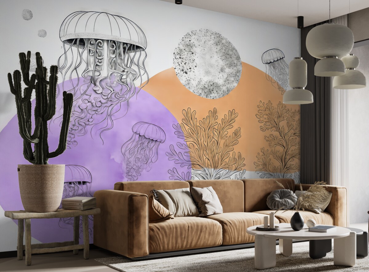 Fototapeta Glony meduz, abstrakcyjne, plama akwarelowa, odcień fioletowy oraz pomarańczowy.