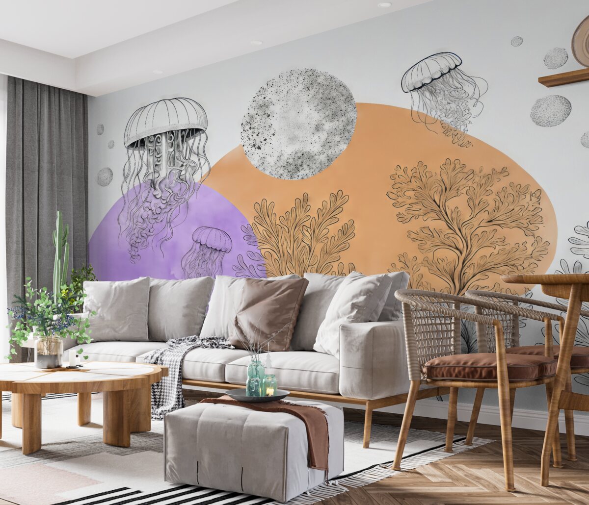 Fototapeta Glony meduz, abstrakcyjne, plama akwarelowa, odcień fioletowy oraz pomarańczowy.