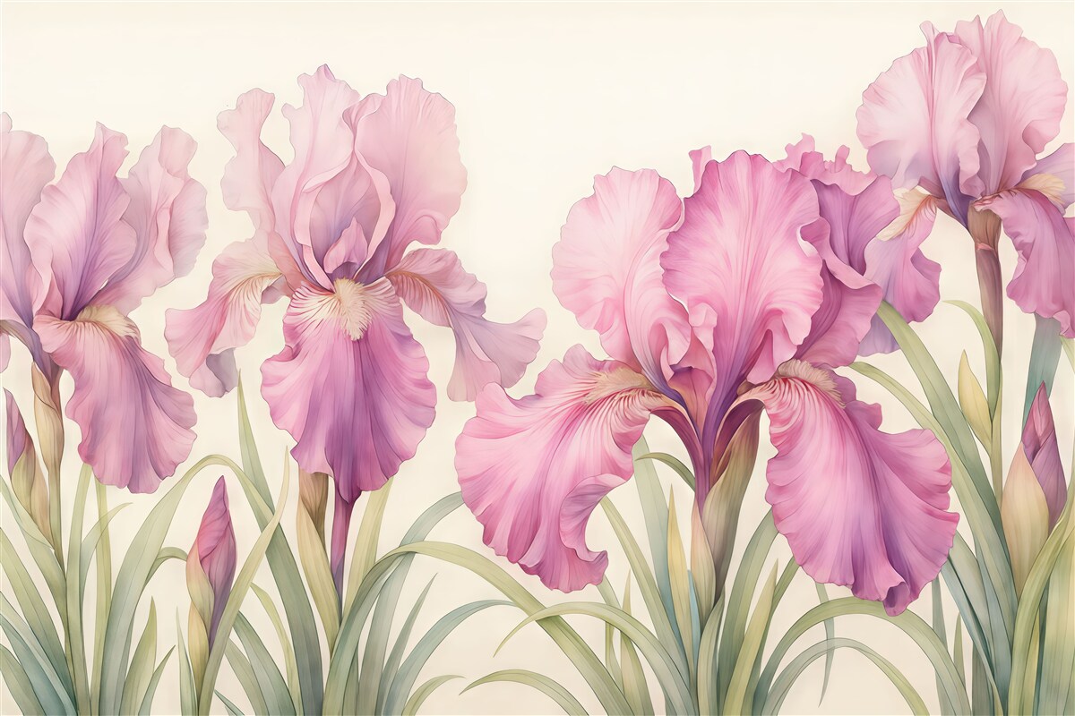 Fototapeta Kwitnące różowe fioletowe irysy w akwareli.