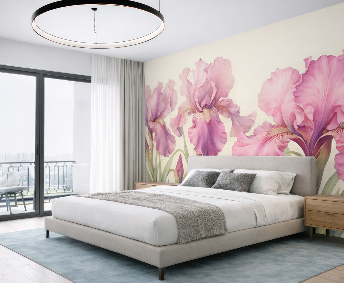 Fototapeta Kwitnące różowe fioletowe irysy w akwareli.