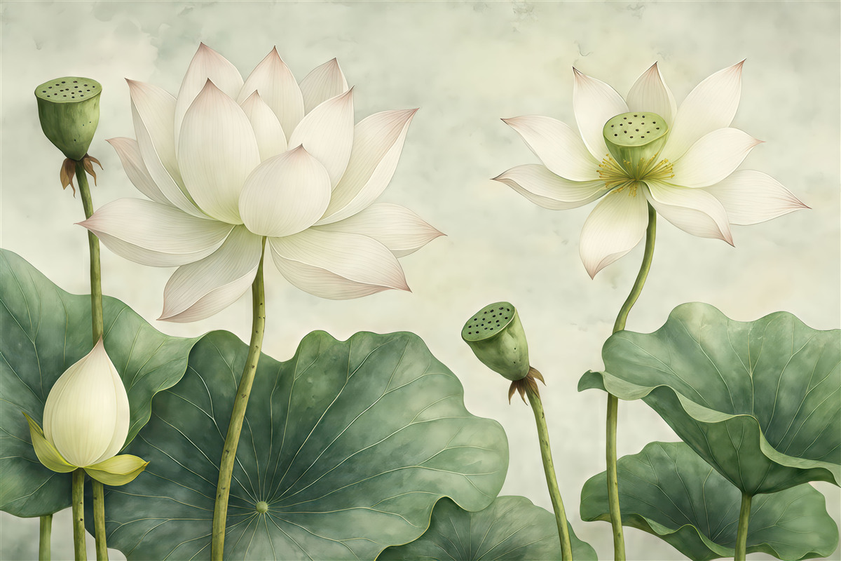 Fototapeta Kwiaty lotosu, akwarela, przyroda, układ kwiatowy, duże liście, subtelne kolory.