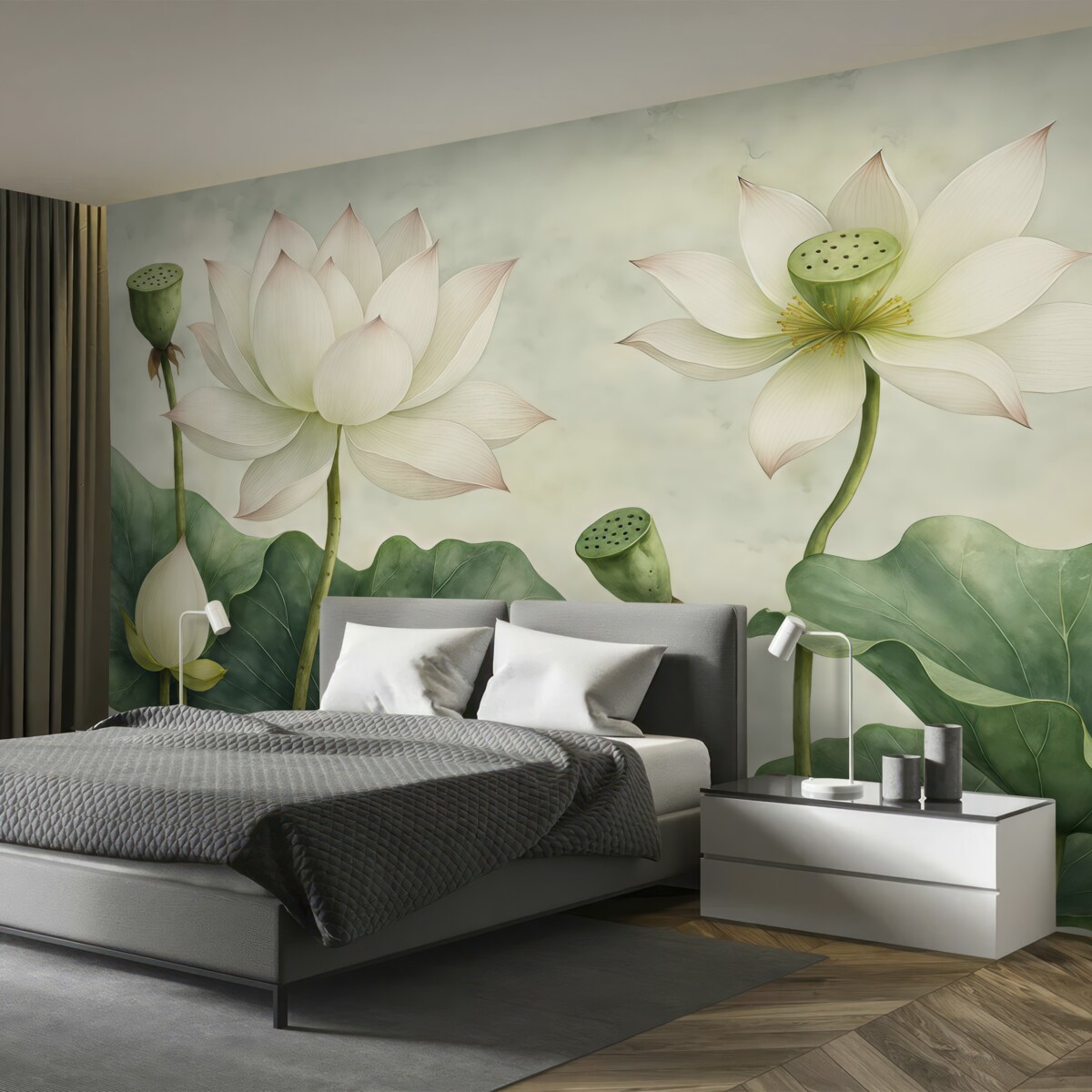 Fototapeta Kwiaty lotosu, akwarela, przyroda, układ kwiatowy, duże liście, subtelne kolory.