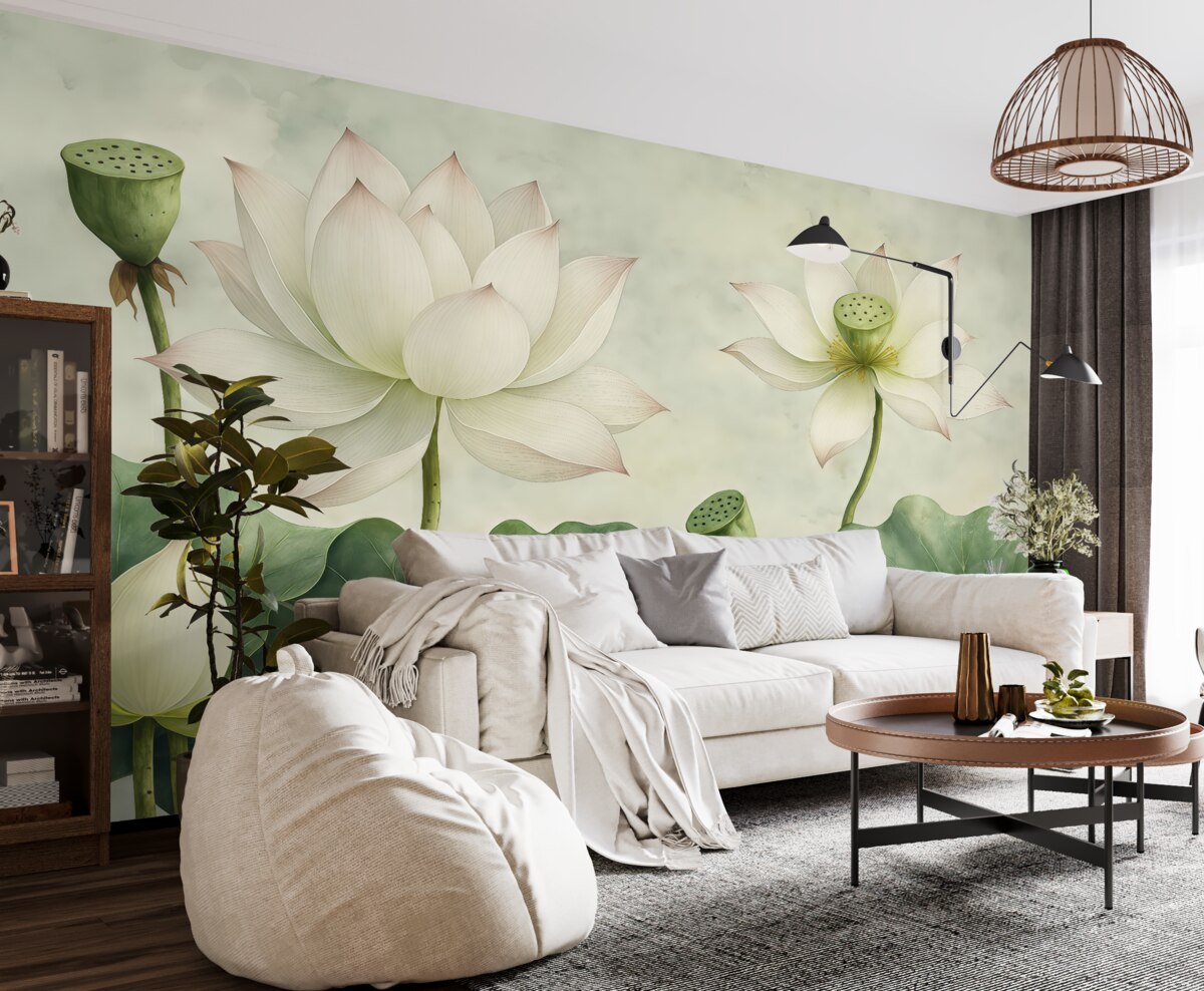 Fototapeta Kwiaty lotosu, akwarela, przyroda, układ kwiatowy, duże liście, subtelne kolory.