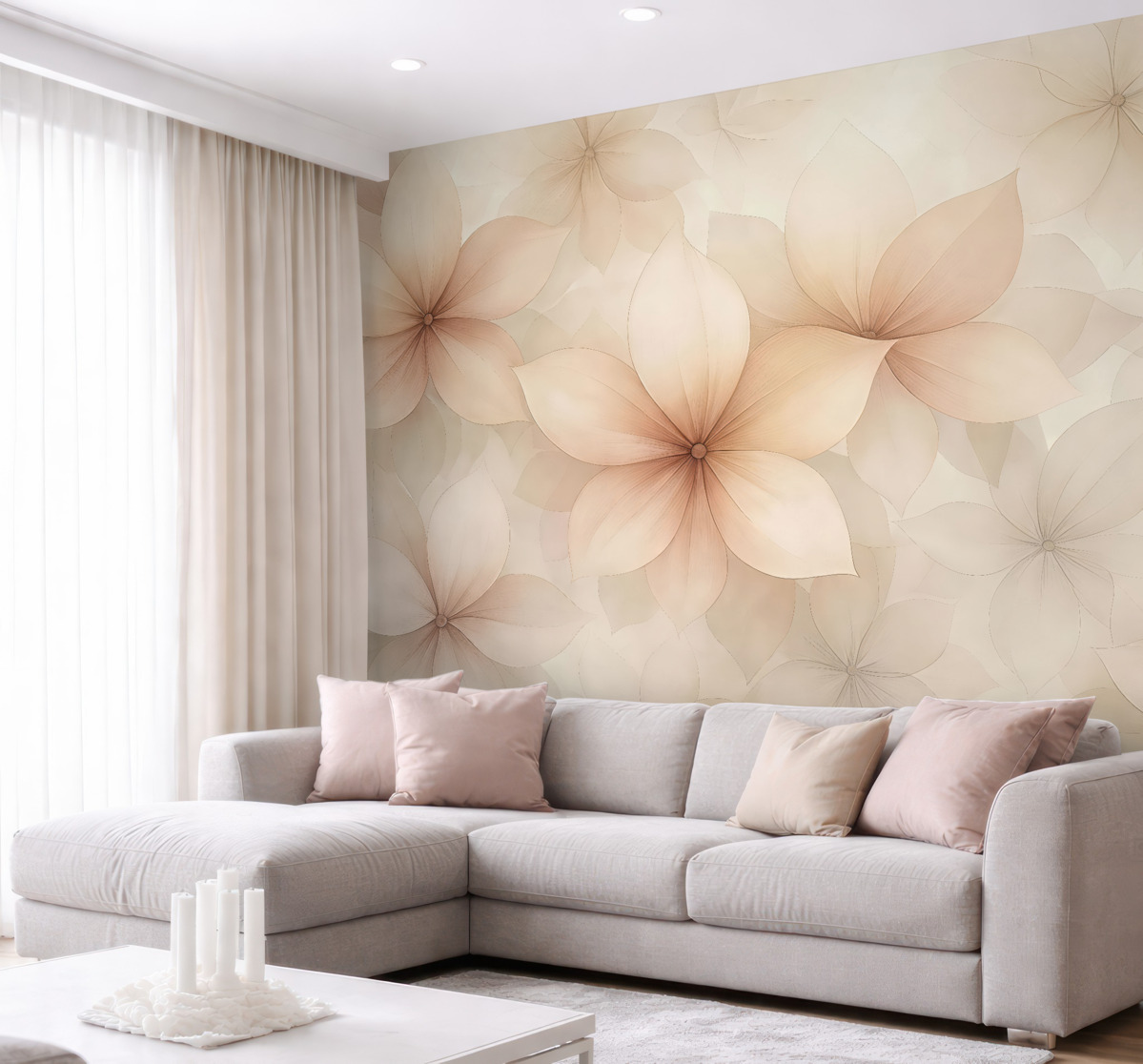 Fototapeta Układ kwiatów, subtelne odcienie różu i beżu, motyw kwiatowy.