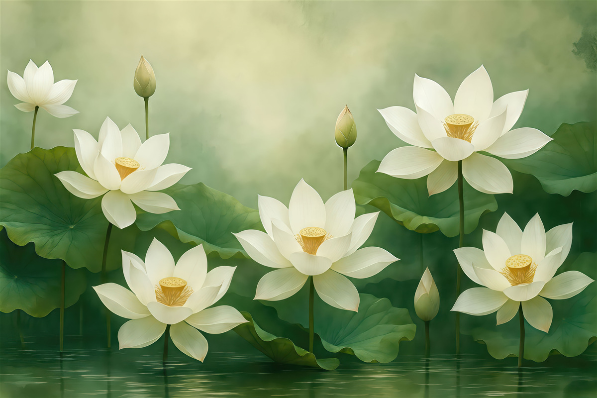 Fototapeta Lotosy w wodach, przyroda, mgiełka, akryl, spore liście, las, subtelne naturalne odcienie.