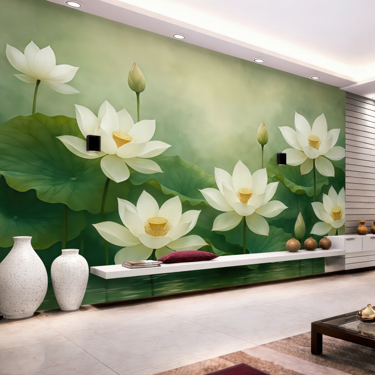 Fototapeta Lotosy w wodach, przyroda, mgiełka, akryl, spore liście, las, subtelne naturalne odcienie.