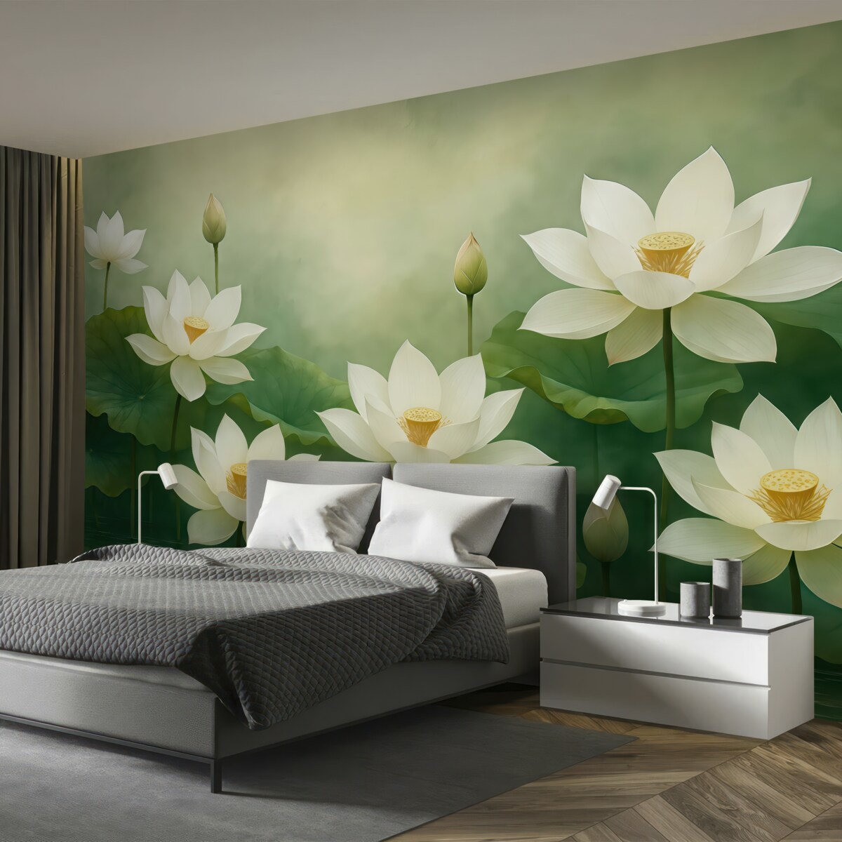 Fototapeta Lotosy w wodach, przyroda, mgiełka, akryl, spore liście, las, subtelne naturalne odcienie.