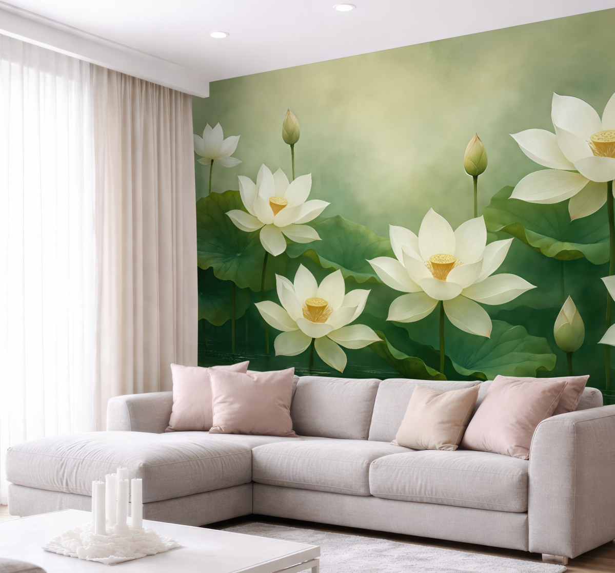 Fototapeta Lotosy w wodach, przyroda, mgiełka, akryl, spore liście, las, subtelne naturalne odcienie.