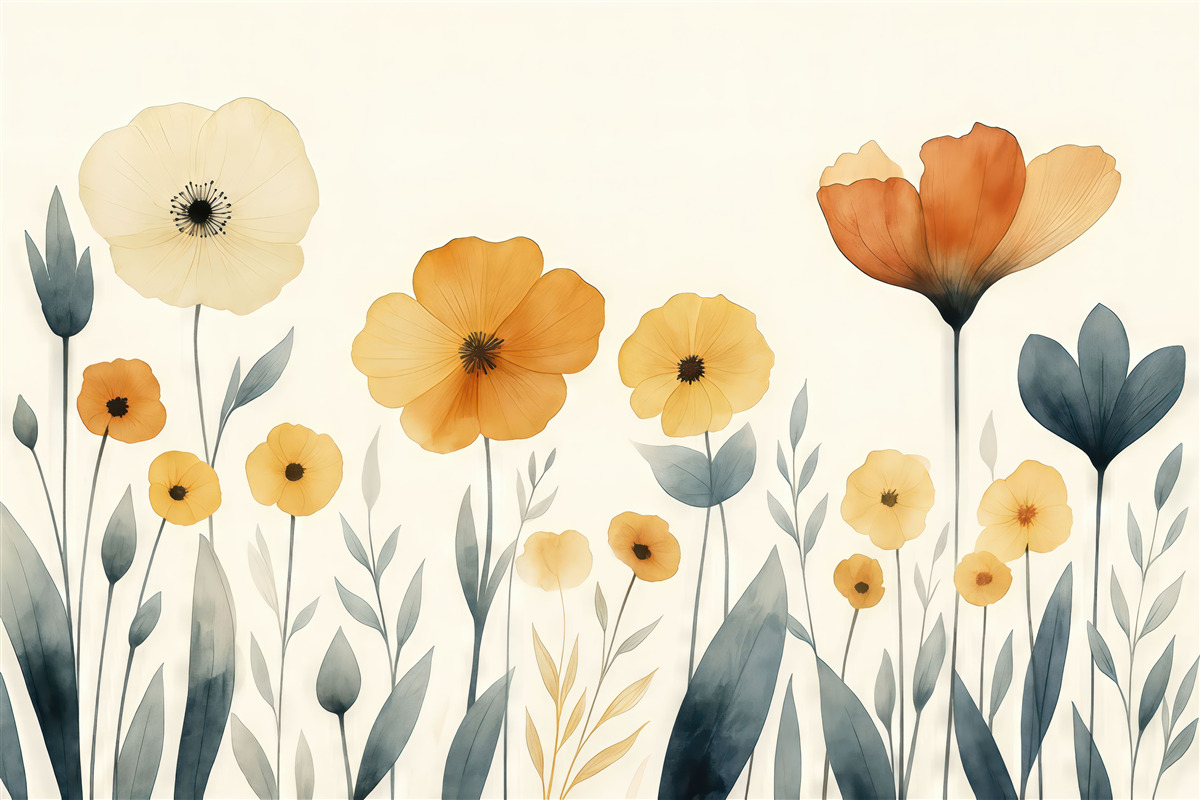 Fototapeta Kwiaty polne w akwareli, wiejskie, aranżacja kwiatowa, minimalistyczny rysunek, jasnobeżowy, pomarańczowy, niebieski.
