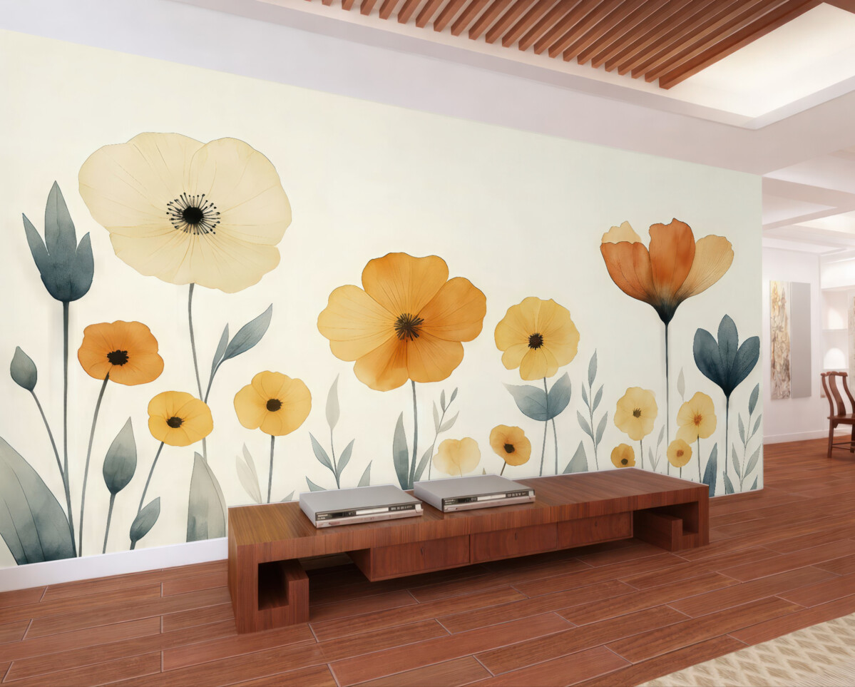 Fototapeta Kwiaty polne w akwareli, wiejskie, aranżacja kwiatowa, minimalistyczny rysunek, jasnobeżowy, pomarańczowy, niebieski.