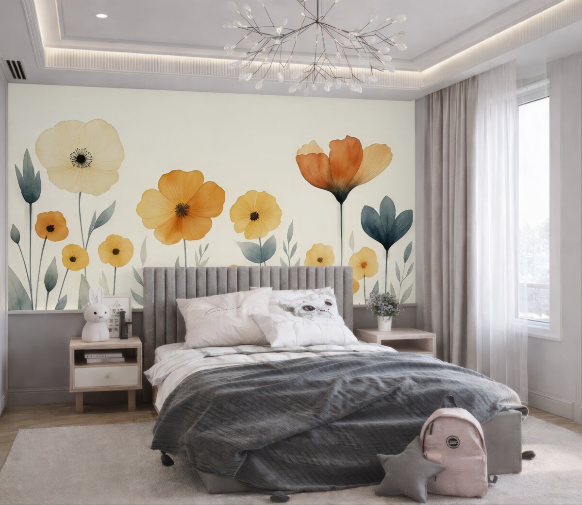 Fototapeta Kwiaty polne w akwareli, wiejskie, aranżacja kwiatowa, minimalistyczny rysunek, jasnobeżowy, pomarańczowy, niebieski.