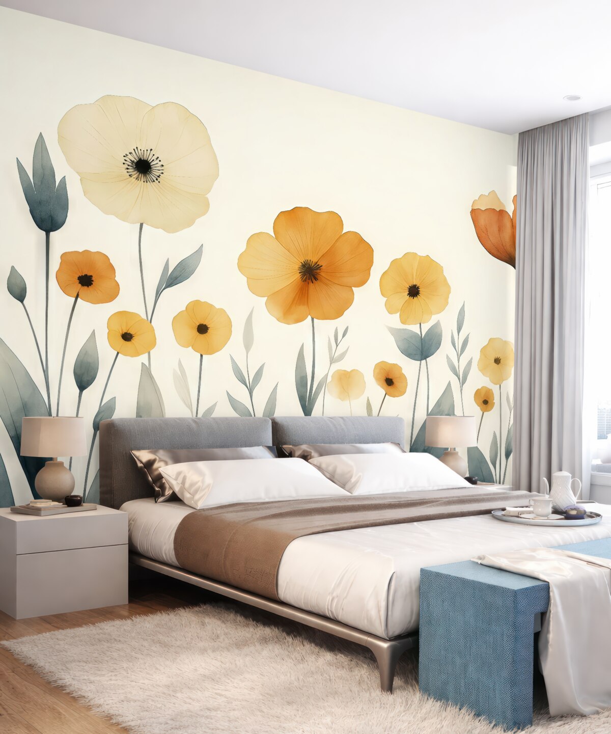 Fototapeta Kwiaty polne w akwareli, wiejskie, aranżacja kwiatowa, minimalistyczny rysunek, jasnobeżowy, pomarańczowy, niebieski.