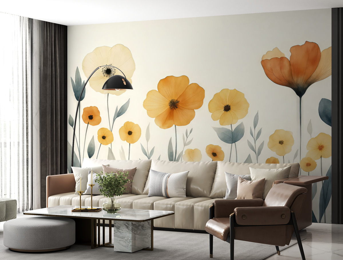 Fototapeta Kwiaty polne w akwareli, wiejskie, aranżacja kwiatowa, minimalistyczny rysunek, jasnobeżowy, pomarańczowy, niebieski.