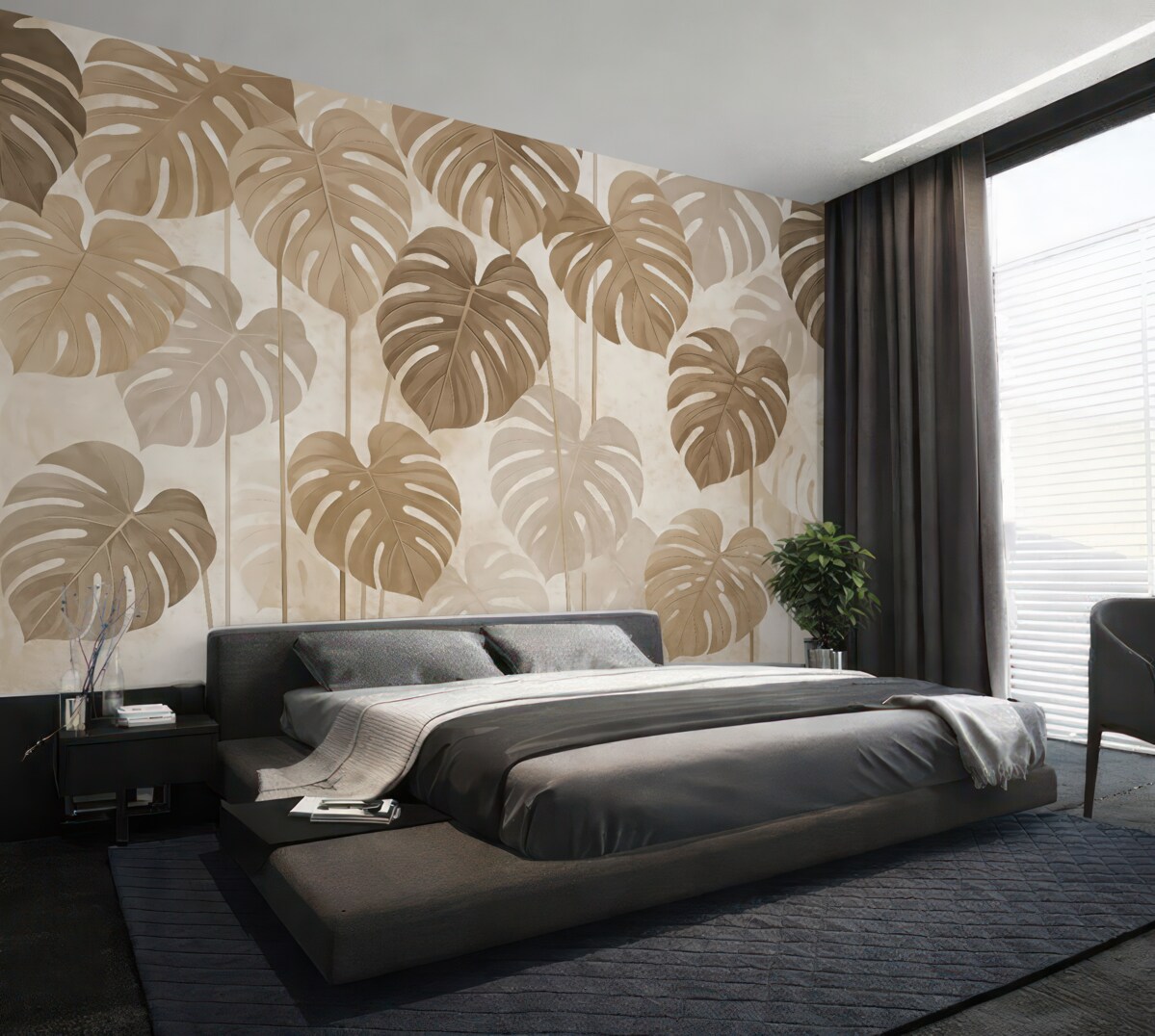 Fototapeta Monstera tropikalna pozostawia jasne tonacje beżu.