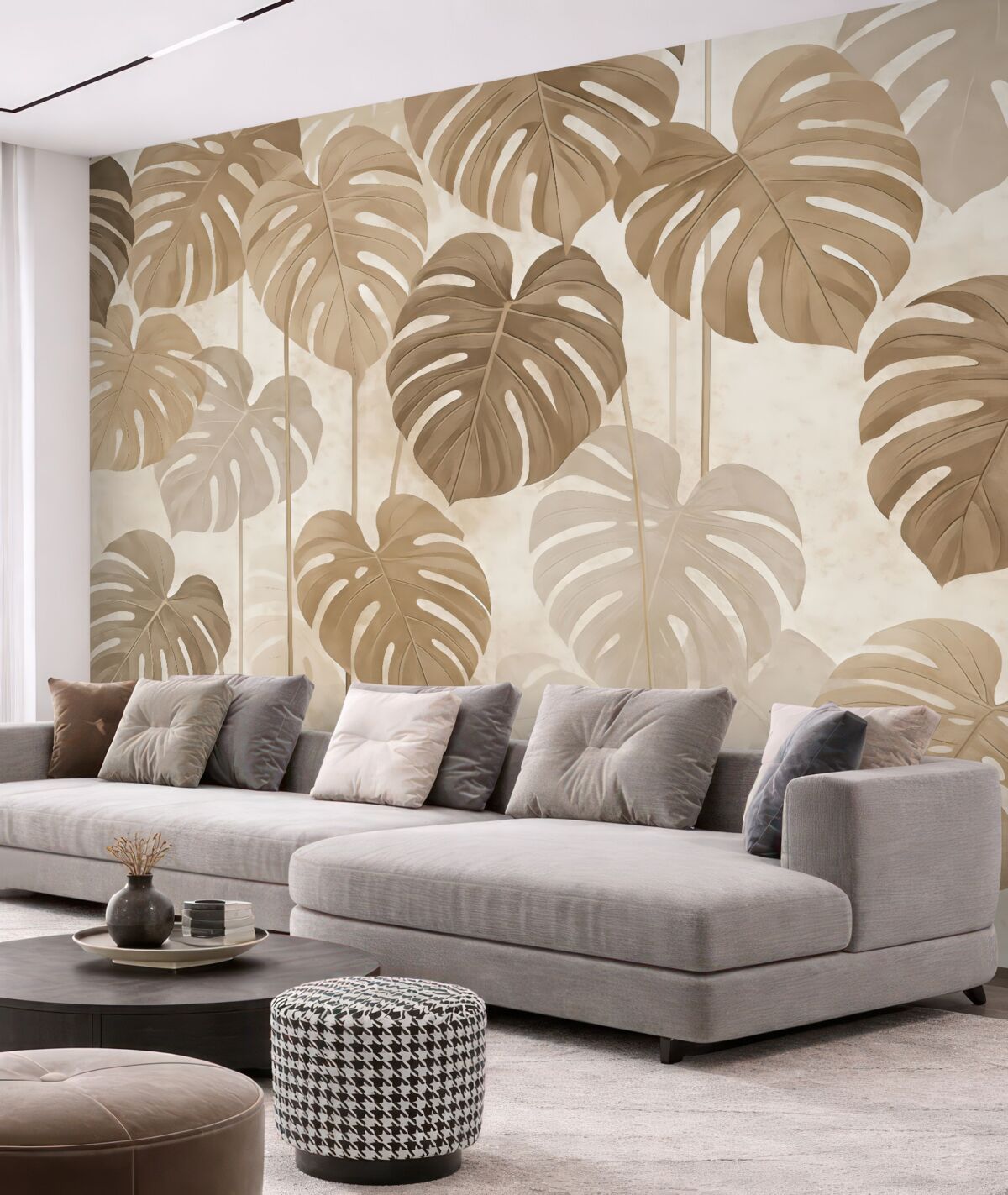 Fototapeta Monstera tropikalna pozostawia jasne tonacje beżu.