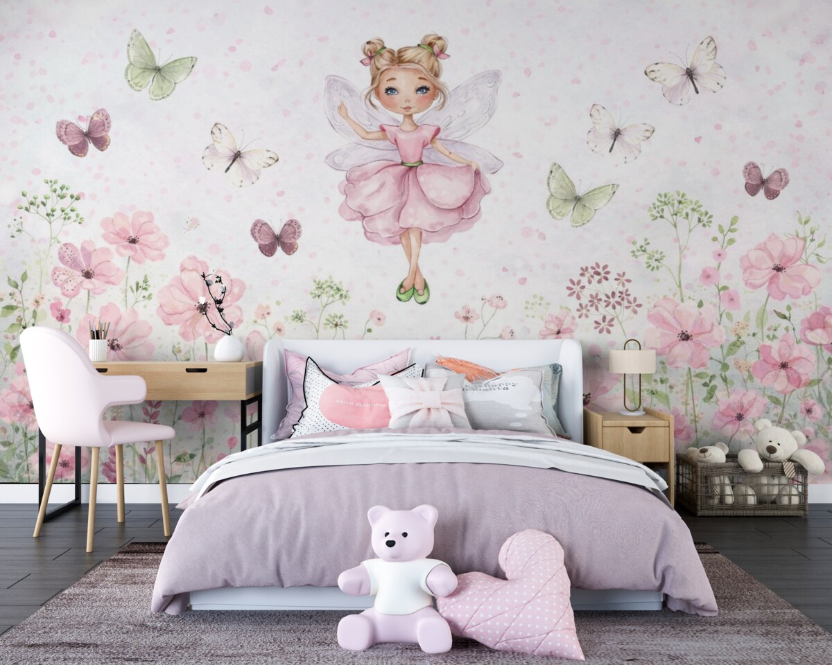 Fototapeta Wróżka między kwiatuszkami i motylami.