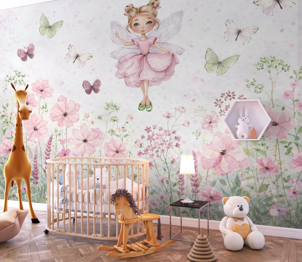 Fototapeta Wróżka między kwiatuszkami i motylami.