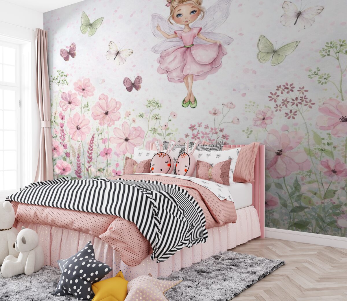 Fototapeta Wróżka między kwiatuszkami i motylami.