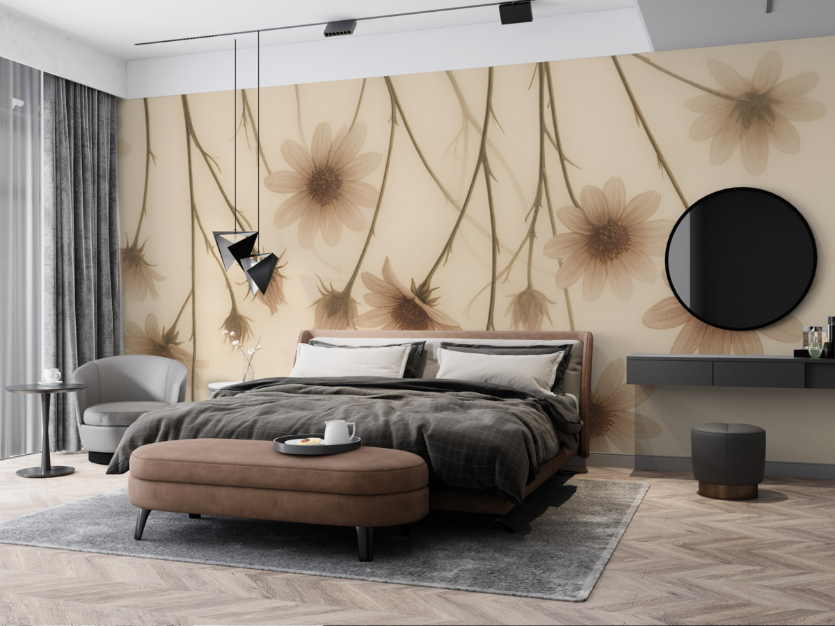 Fototapeta Subtelne kwiaty w mgle opadające z góry w odcieniach różu.