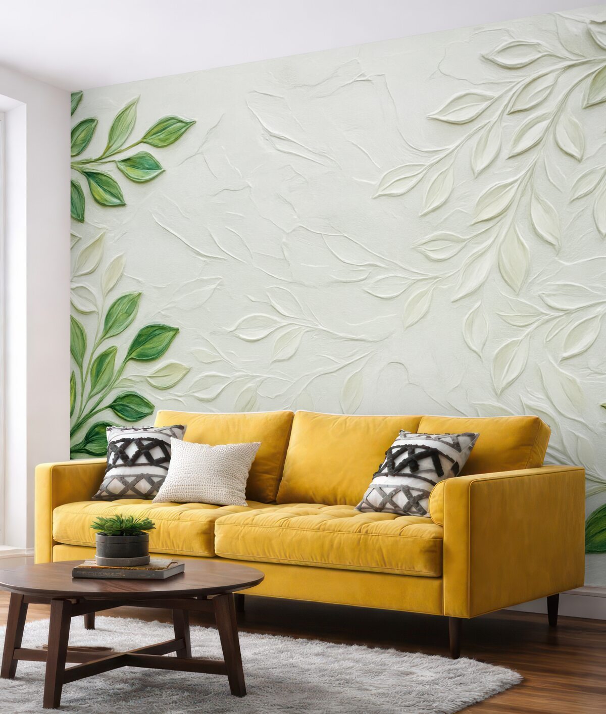 Fototapeta Obraz olejny 3D z zieloną gałązką na jasnym tle, minimalistyczny styl w boho.