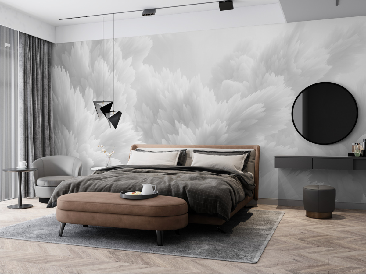 Fototapeta Abstrakcyjna kompozycja kryształków śniegu w wielowarstwowej strukturze piór w eterealnej atmosferze.