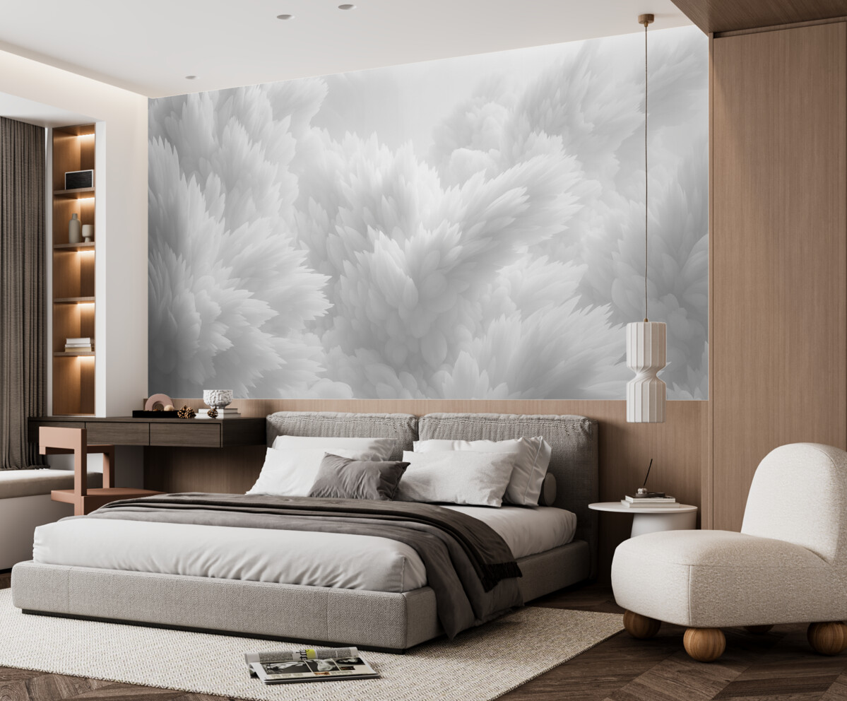 Fototapeta Abstrakcyjna kompozycja kryształków śniegu w wielowarstwowej strukturze piór w eterealnej atmosferze.