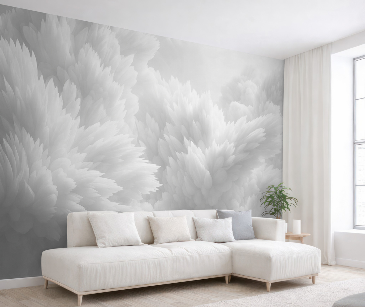 Fototapeta Abstrakcyjna kompozycja kryształków śniegu w wielowarstwowej strukturze piór w eterealnej atmosferze.