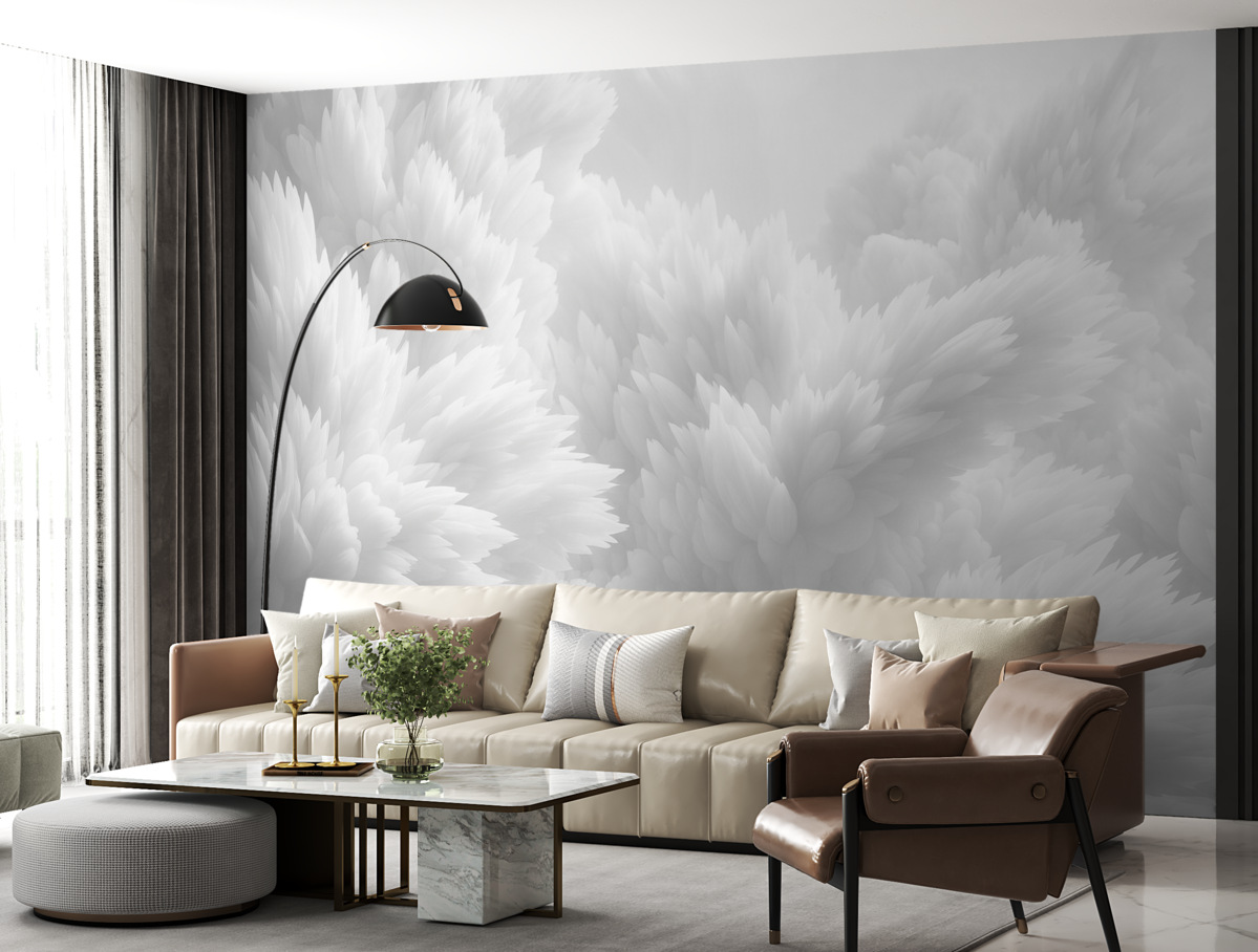 Fototapeta Abstrakcyjna kompozycja kryształków śniegu w wielowarstwowej strukturze piór w eterealnej atmosferze.