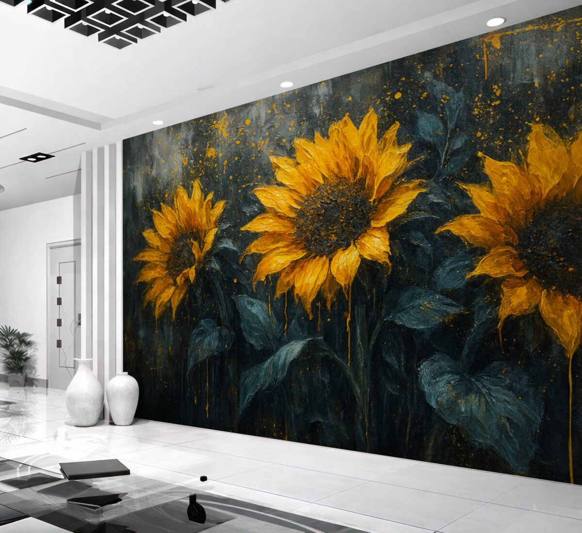 Fototapeta Abstrakcyjny obraz ukazujący słoneczniki, ciemnoszare tło oraz żółte odcienie.