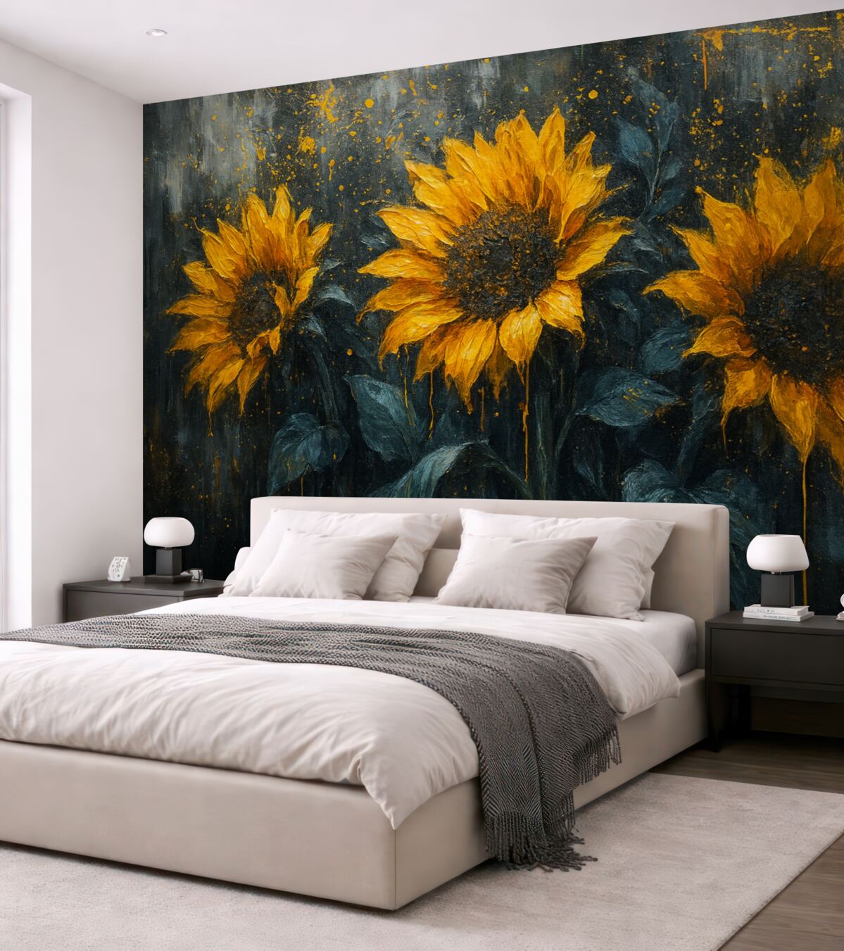 Fototapeta Abstrakcyjny obraz ukazujący słoneczniki, ciemnoszare tło oraz żółte odcienie.