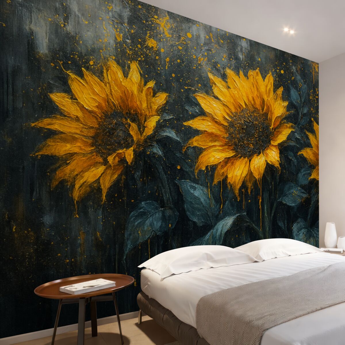 Fototapeta Abstrakcyjny obraz ukazujący słoneczniki, ciemnoszare tło oraz żółte odcienie.