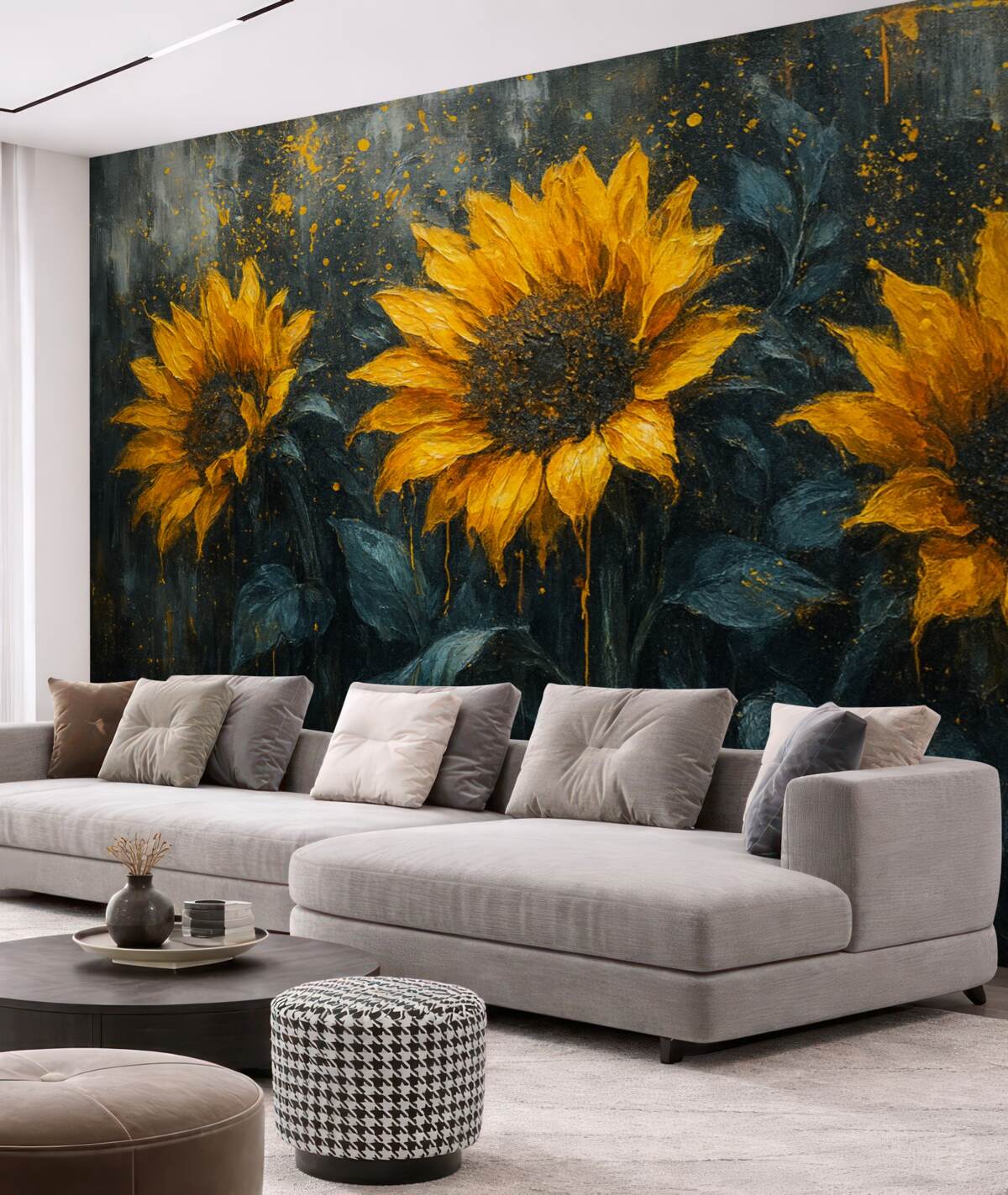 Fototapeta Abstrakcyjny obraz ukazujący słoneczniki, ciemnoszare tło oraz żółte odcienie.