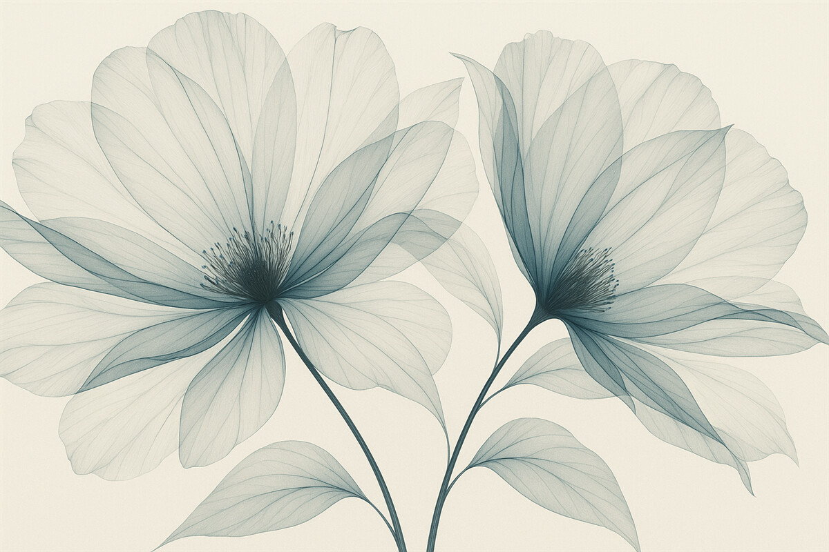 Fototapeta Niebieski przezroczysty kwiat w stylu rentgenowskim na jasnym tle Minimalistyczny jednolity wzór roślinny.