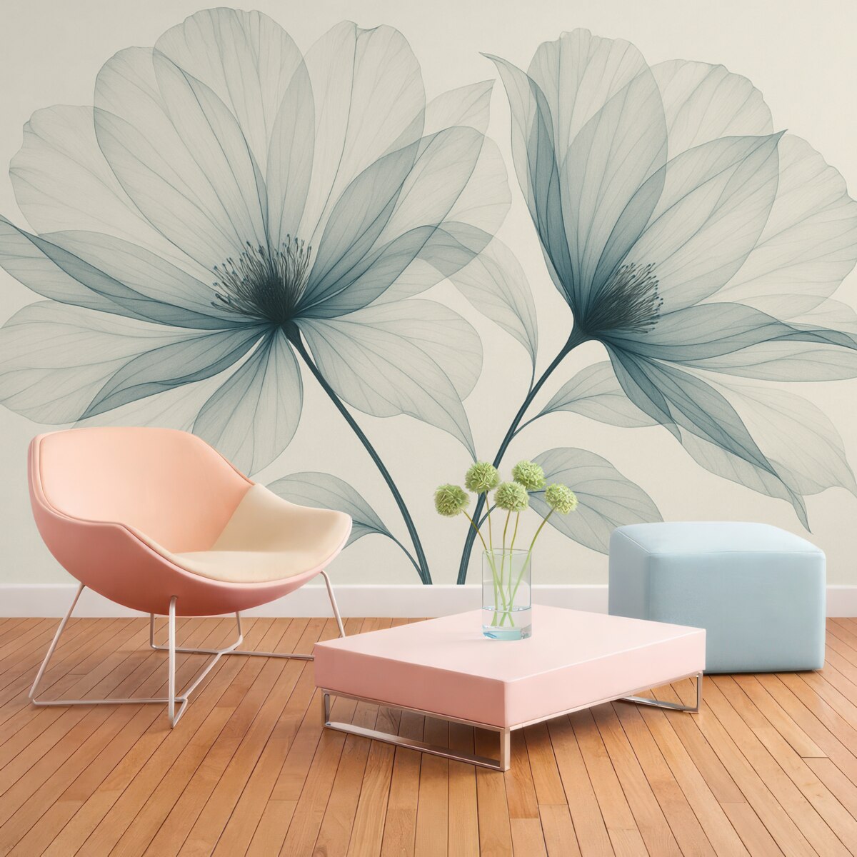 Fototapeta Niebieski przezroczysty kwiat w stylu rentgenowskim na jasnym tle Minimalistyczny jednolity wzór roślinny.