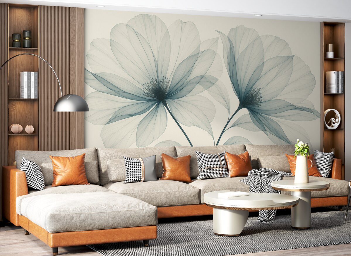 Fototapeta Niebieski przezroczysty kwiat w stylu rentgenowskim na jasnym tle Minimalistyczny jednolity wzór roślinny.