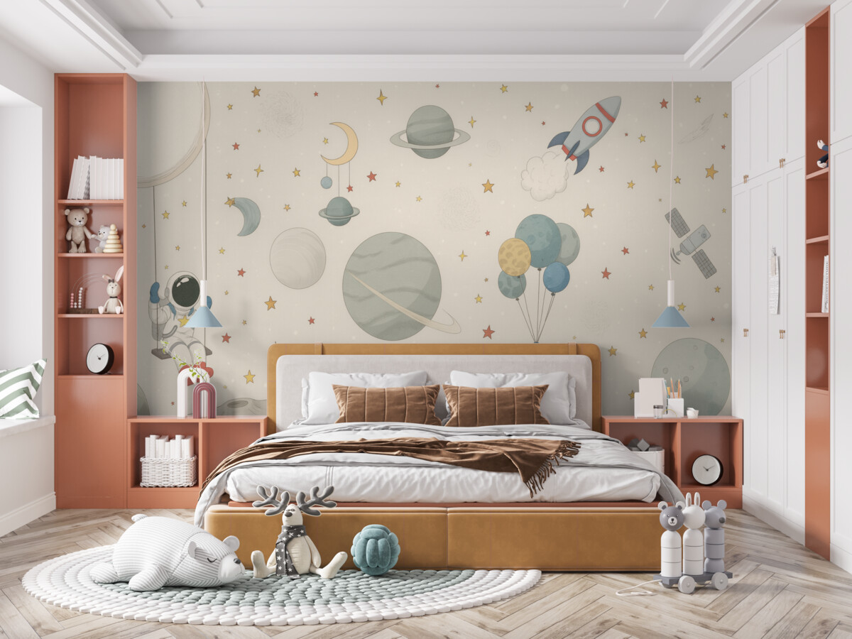 Fototapeta Tworzenie przestrzeni kosmicznej z astronautami, planetami, statkami kosmicznymi i gwiazdami.