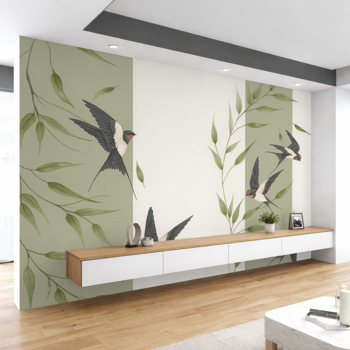 Fototapeta Roślinny wzór z liśćmi i ptakami.