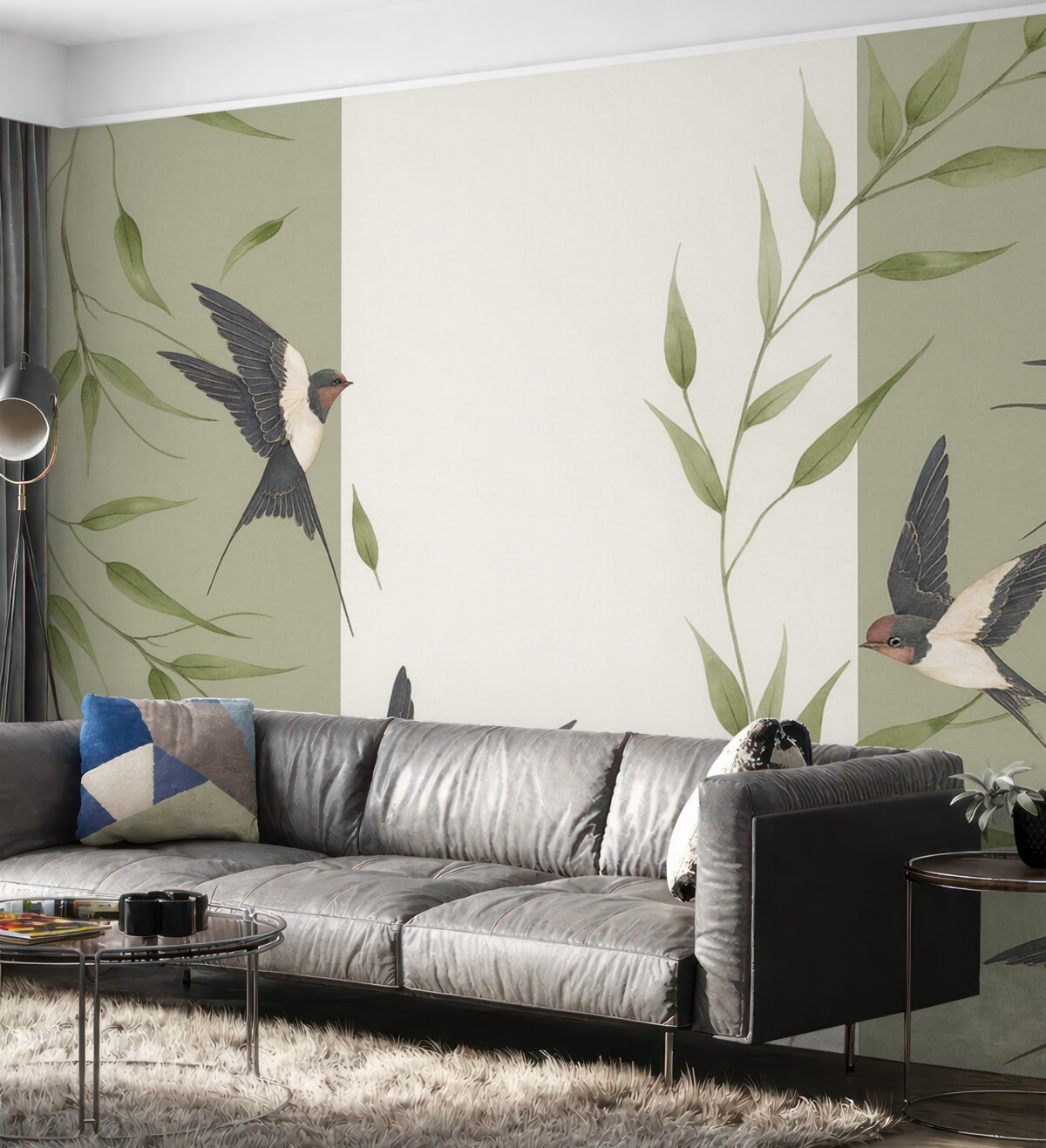 Fototapeta Roślinny wzór z liśćmi i ptakami.